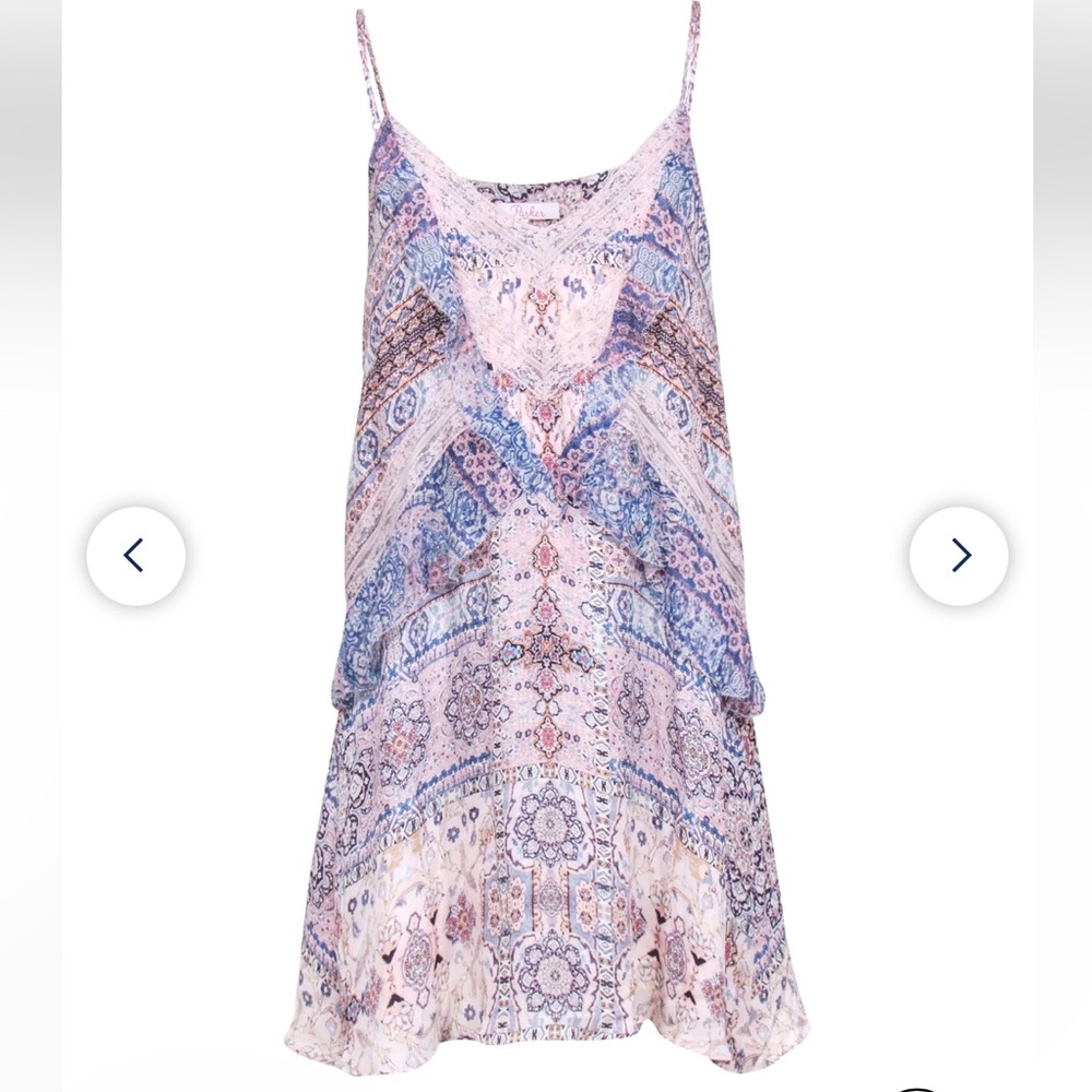 Parker Sz Large 100% Silk Pink & Blue Multi Print Ruffle Trim Shift Slip Dress